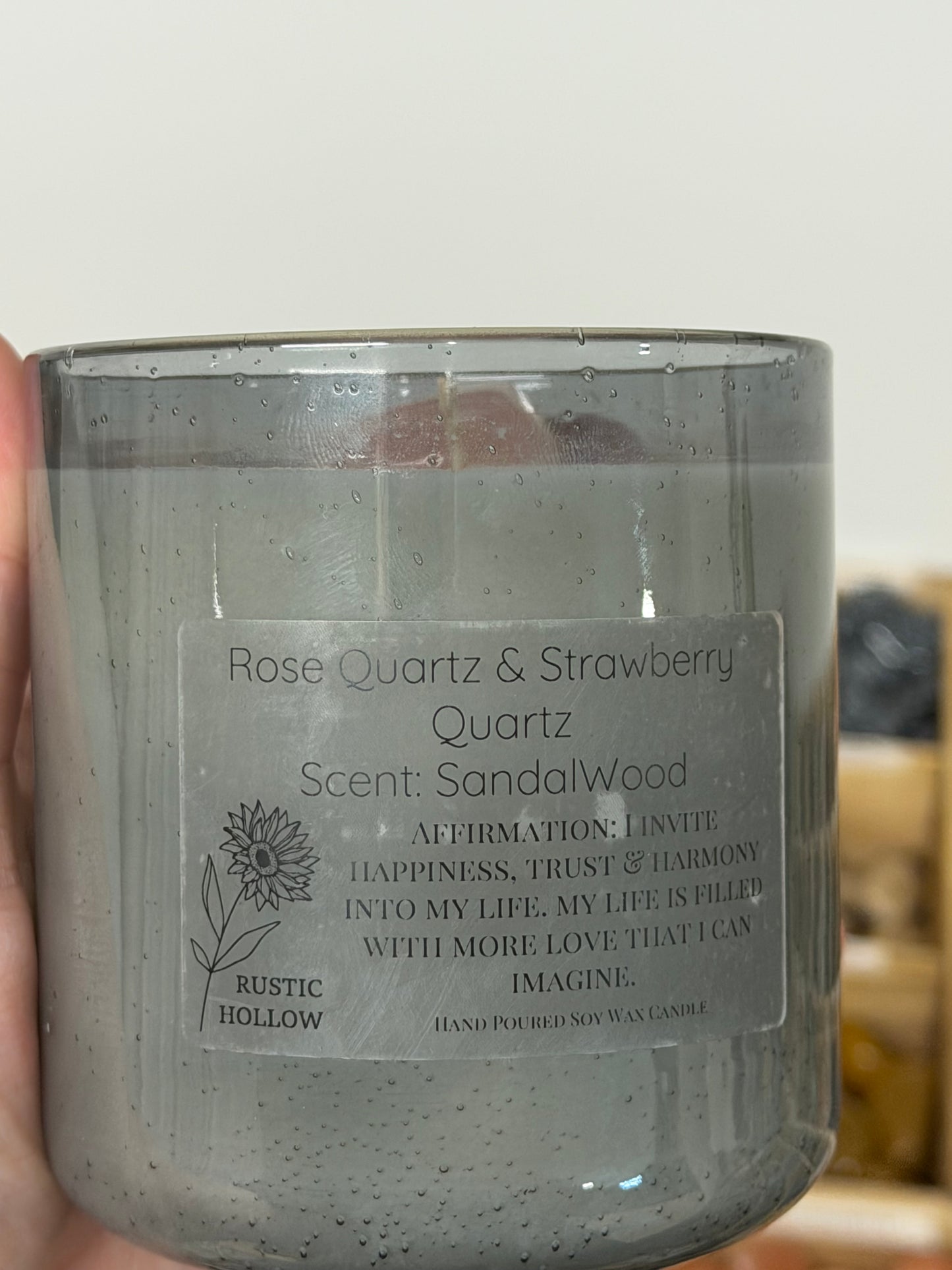 Sandalwood | Rose Quartz and Strawberry Quartz Crystal Candle