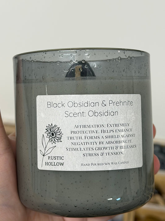 Obsidian | Black Obsidian and Prehnite Crystal Candle