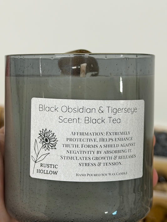 Black Tea | Black Obsidian and Tiger Eye Crystal Candle