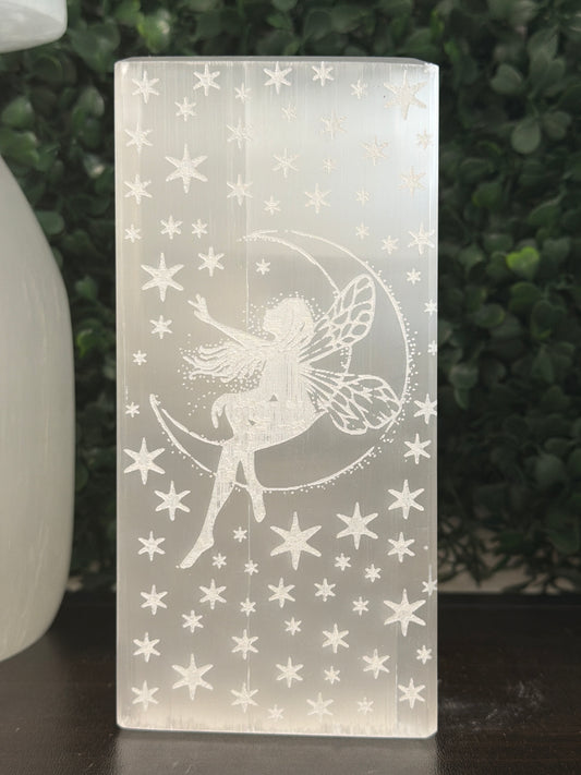 selenite etched fairy lamp