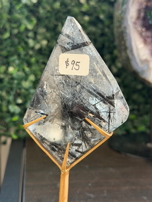 high quality black tourmaline and clear quartz freeform on stand #5