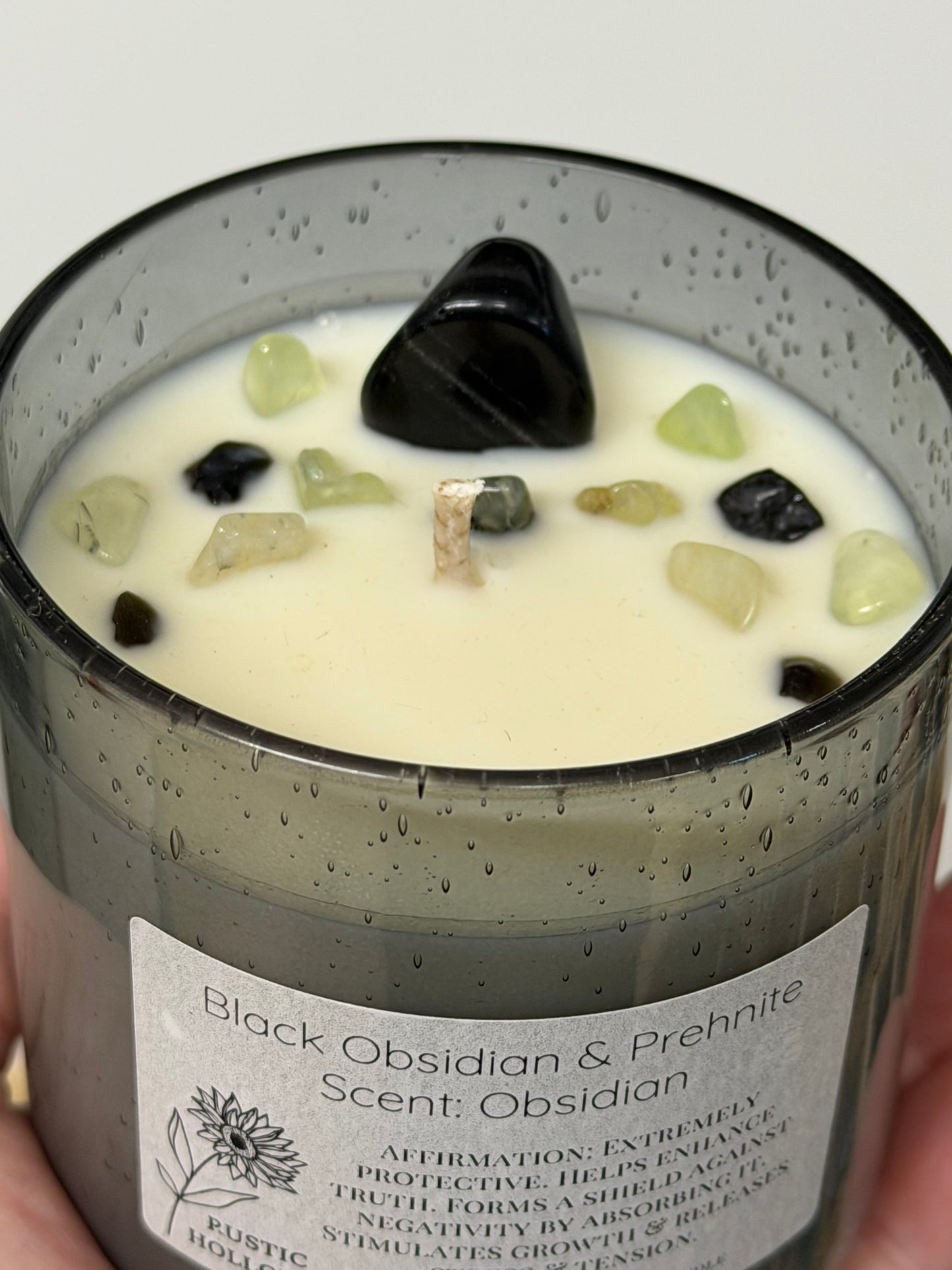 Obsidian | Black Obsidian and Prehnite Crystal Candle