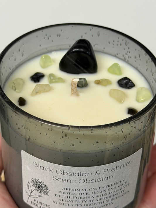 Obsidian | Black Obsidian and Prehnite Crystal Candle