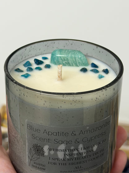 Sage & Cypress | Blue Apatite and Amazonite Crystal Candle