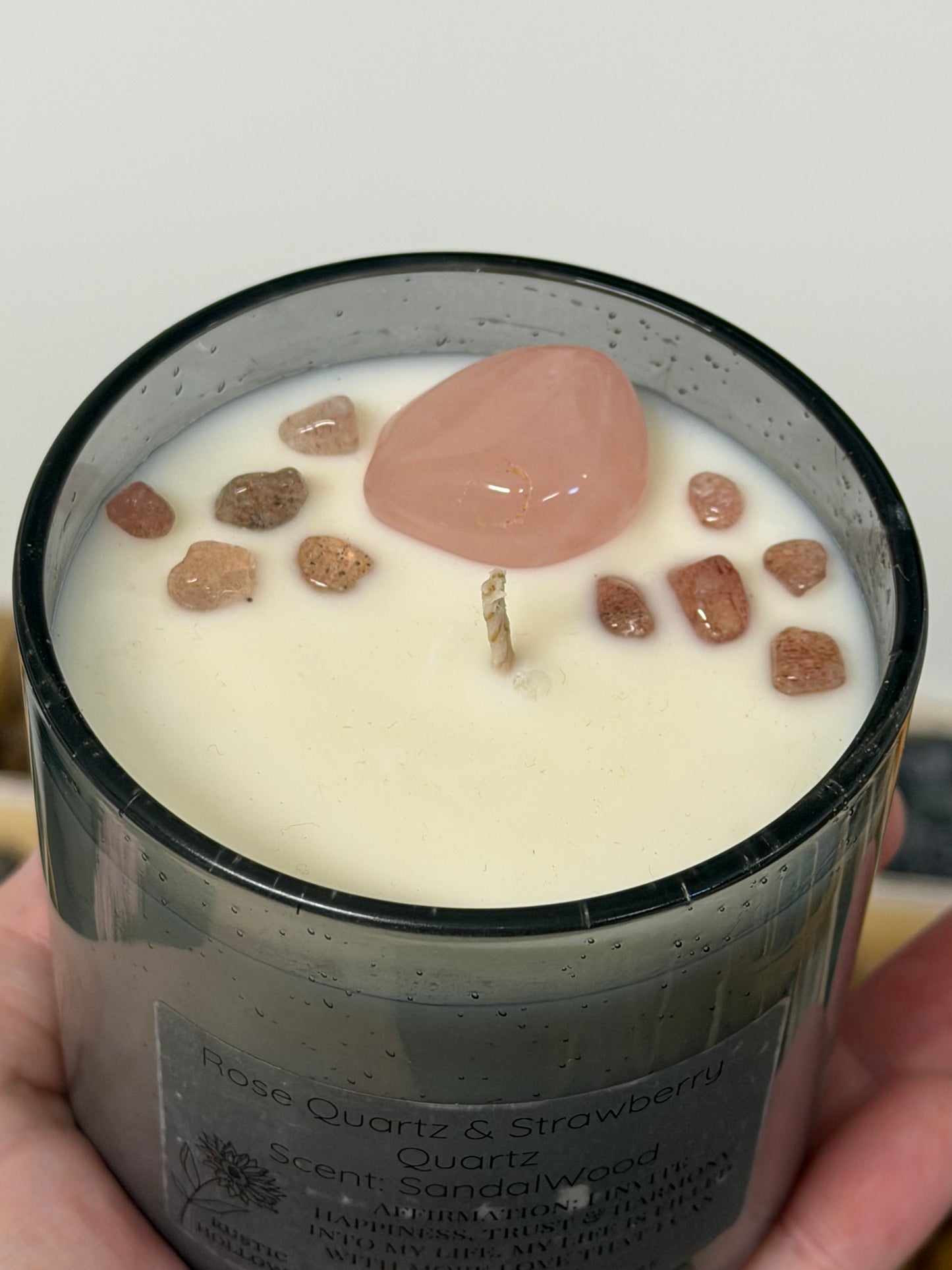 Sandalwood | Rose Quartz and Strawberry Quartz Crystal Candle