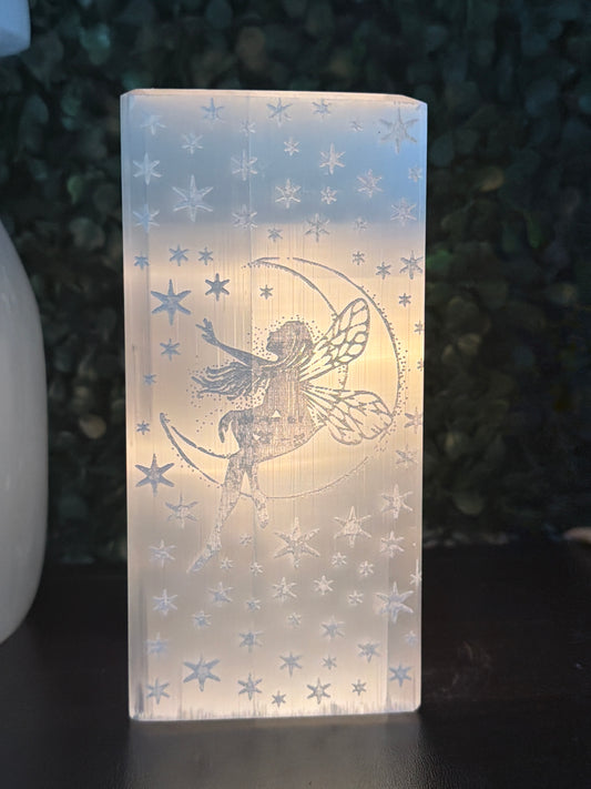selenite etched fairy lamp