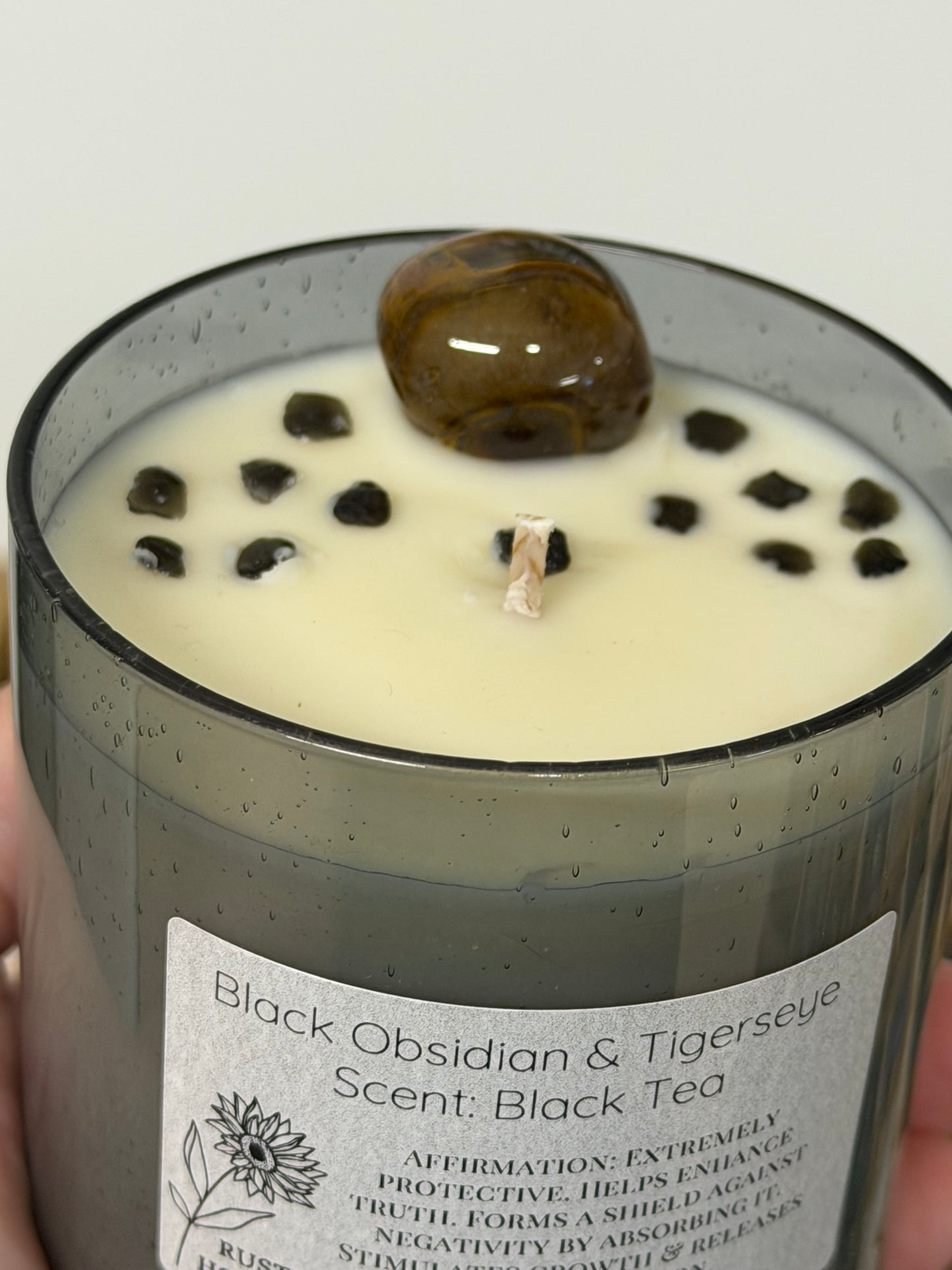 Black Tea | Black Obsidian and Tiger Eye Crystal Candle