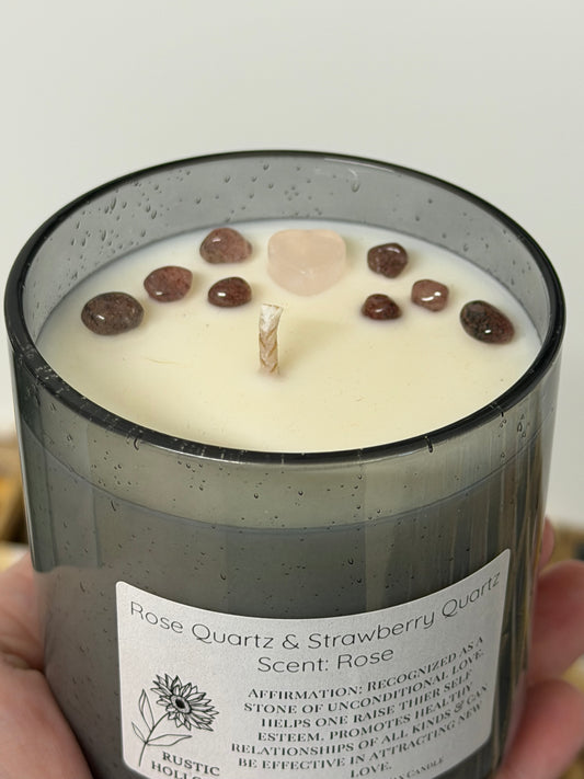 Rose | Rose Quartz and Strawberry Quartz Crystal Candle