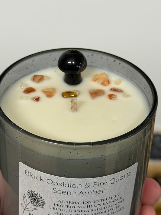 Amber | Obsidian and Fire Quartz Crystal Candle