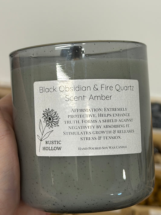 Amber | Obsidian and Fire Quartz Crystal Candle