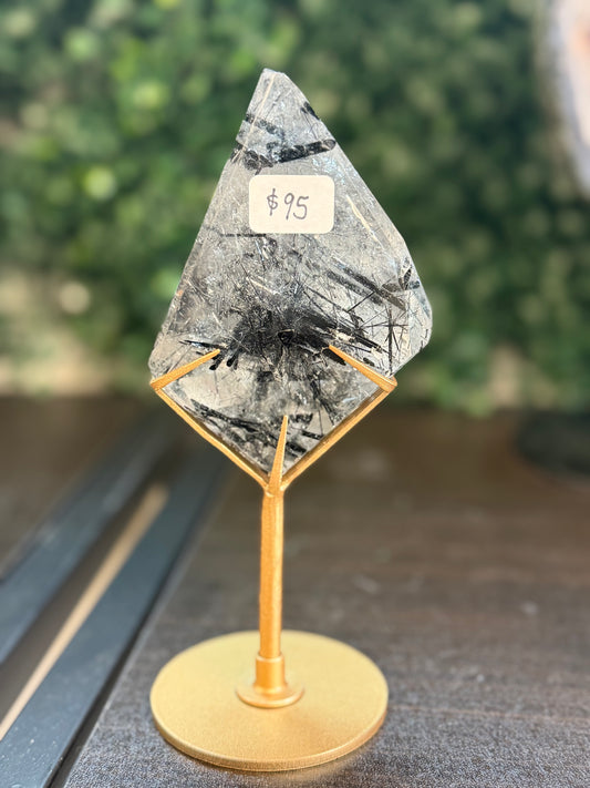 high quality black tourmaline and clear quartz freeform on stand #5