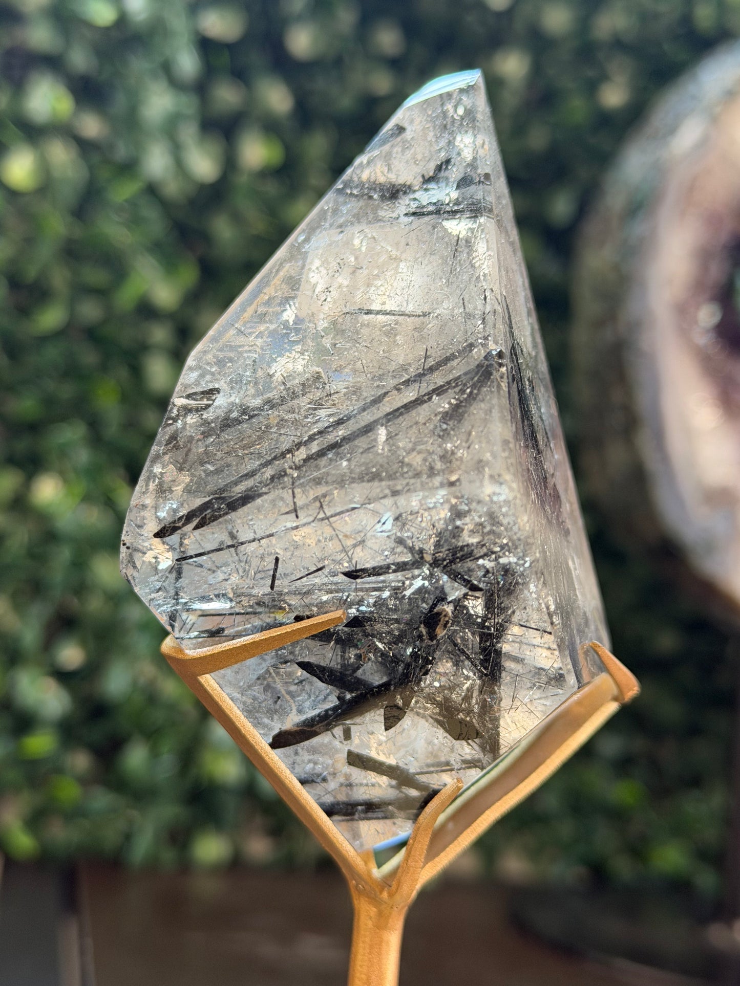 high quality black tourmaline and clear quartz freeform on stand #5
