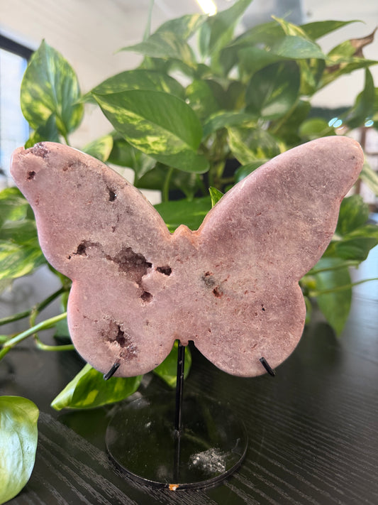 druzy pink amethyst butterfly on stand