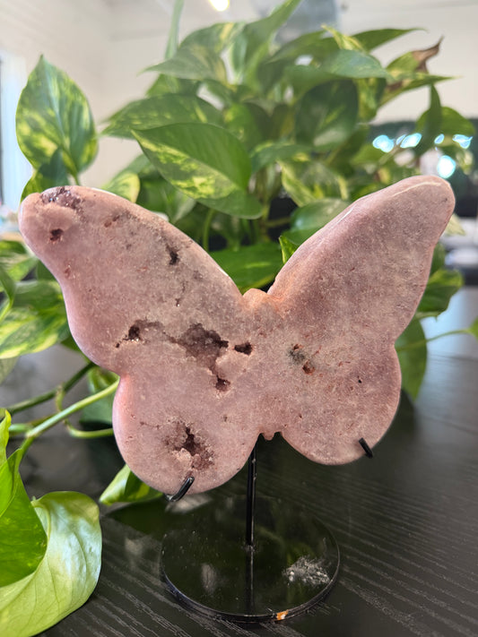 druzy pink amethyst butterfly on stand